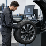 mech testing tire to check why car vibrates