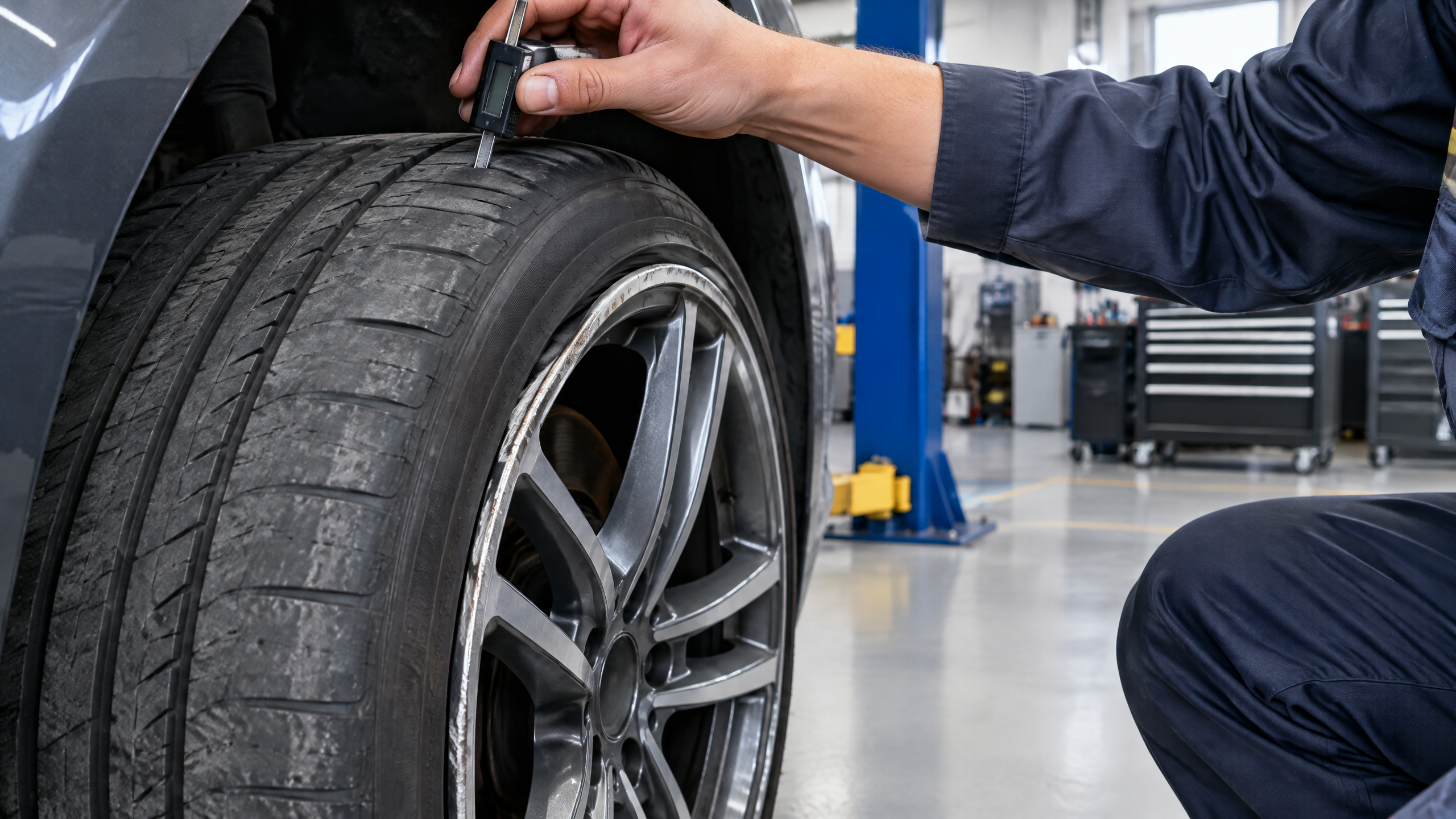 Person inspecting a car wheel after feeling vibration at highway speed