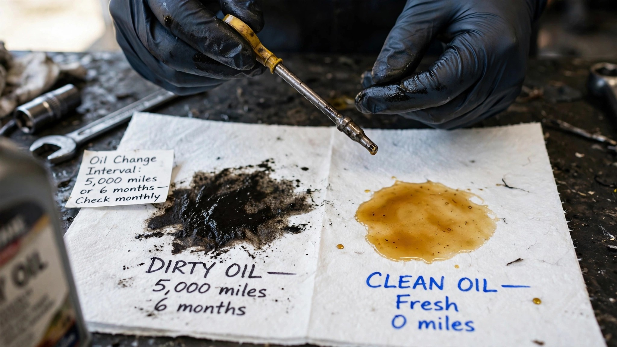 Dirty vs clean engine oil on towel