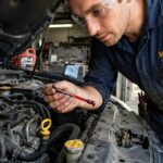 mechanic checking engine oil dip stick