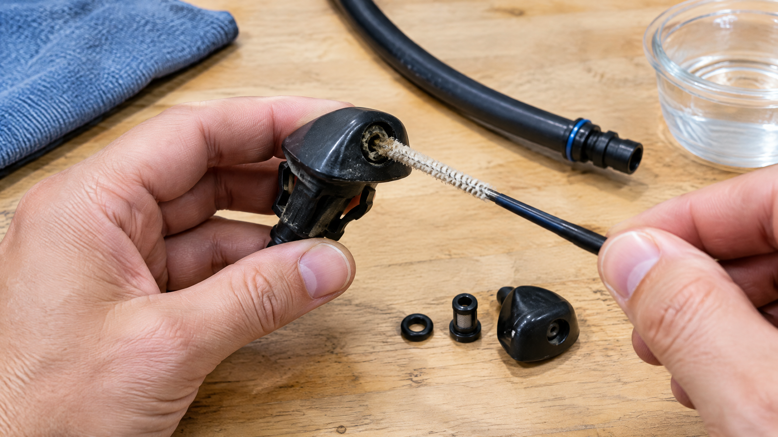 Close-up inspection of windshield washer nozzles and hoses showing clog checks