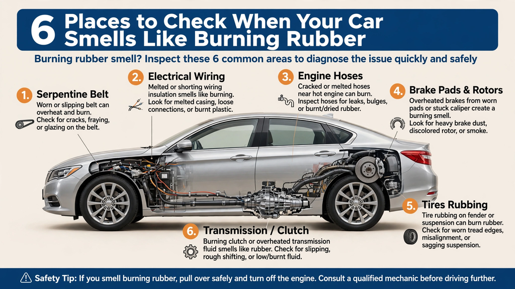 image showing where to check your car when it smells like burning rubber
