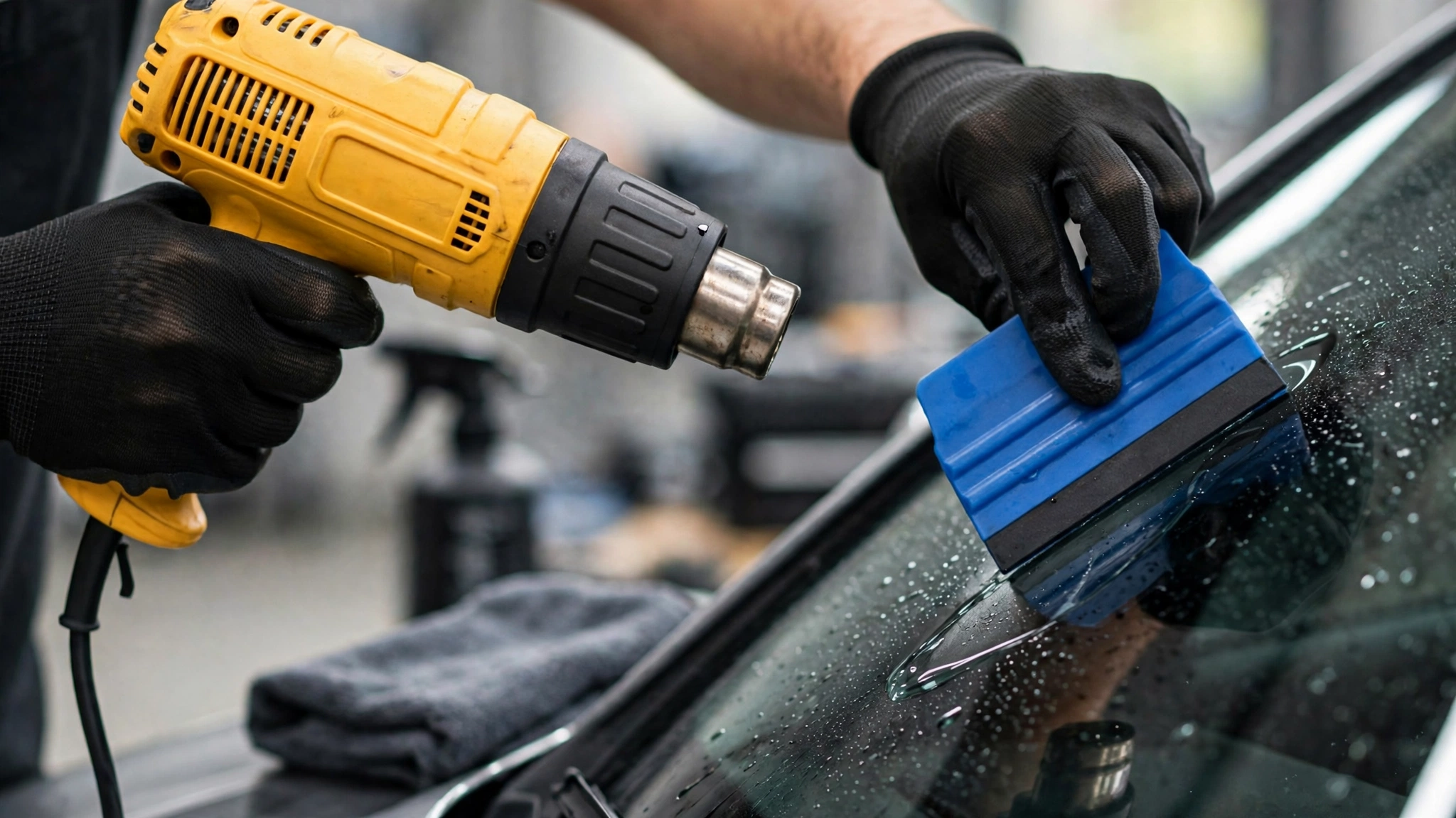 mechanic's hands with black gloves using the yellow heat gun and blue squeegee to smooth out tint bubbles