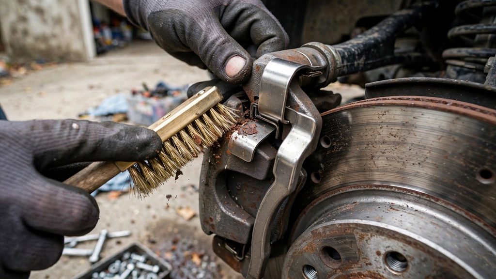 wire-brushing rust from under the stainless clips on brake pads