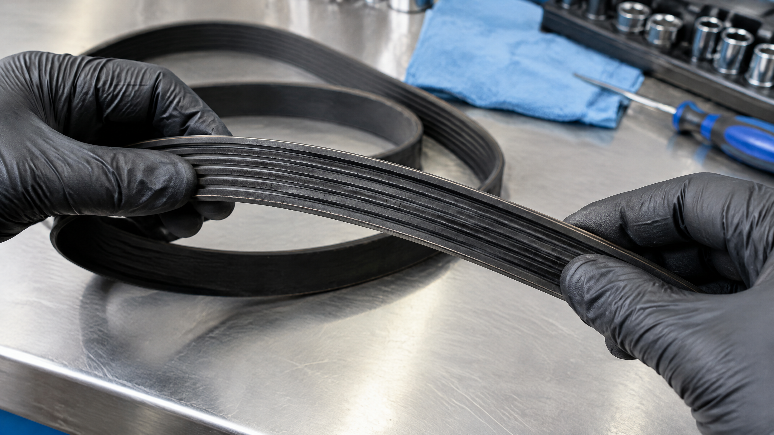 Close-up of a serpentine belt showing dry rot and cracks